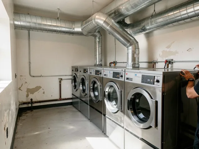 Wareham Dryer Vent Cleaning team performing large-scale commercial dryer vent cleaning in Wareham