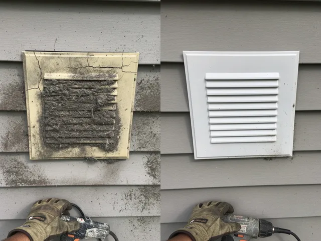Wareham Dryer Vent Cleaning technician installing high-quality dryer vent cover at a residential property in Wareham