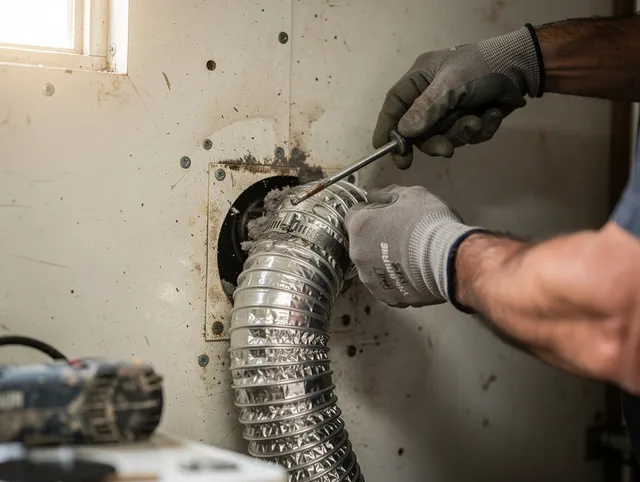 Wareham Dryer Vent Cleaning technician performing precise dryer vent hose installation in Wareham